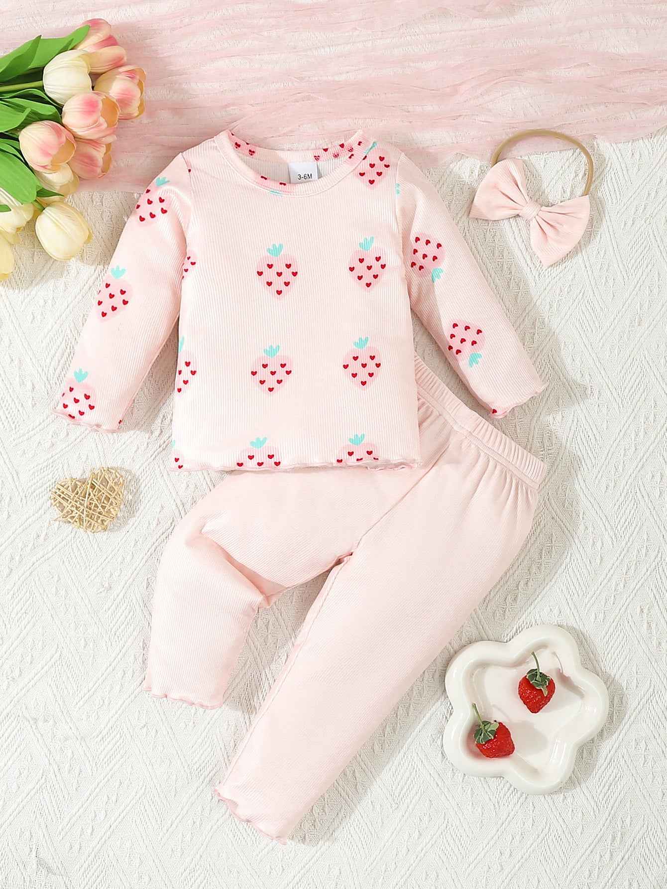 Strawberry Print 3-Piece Baby Set – Top, Pants & Bow Headband (Pink)