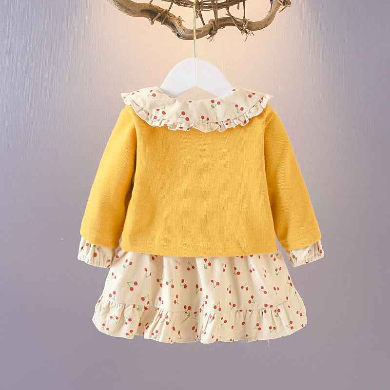 Baby Girl Classic Autumn Clothing Set – Button-Up Cardigan & Cherry Print Dress