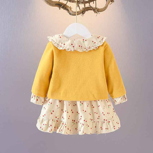 Baby Girl Classic Autumn Clothing Set – Button-Up Cardigan & Cherry Print Dress