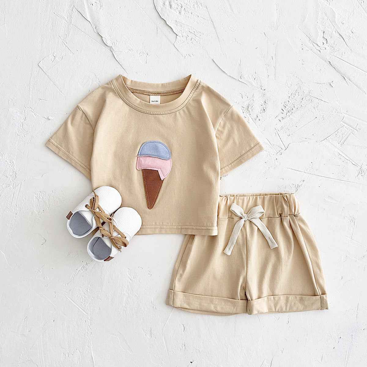 Ice Cream Patch Baby Outfit Set – 2-Piece Short Sleeve Top & Shorts