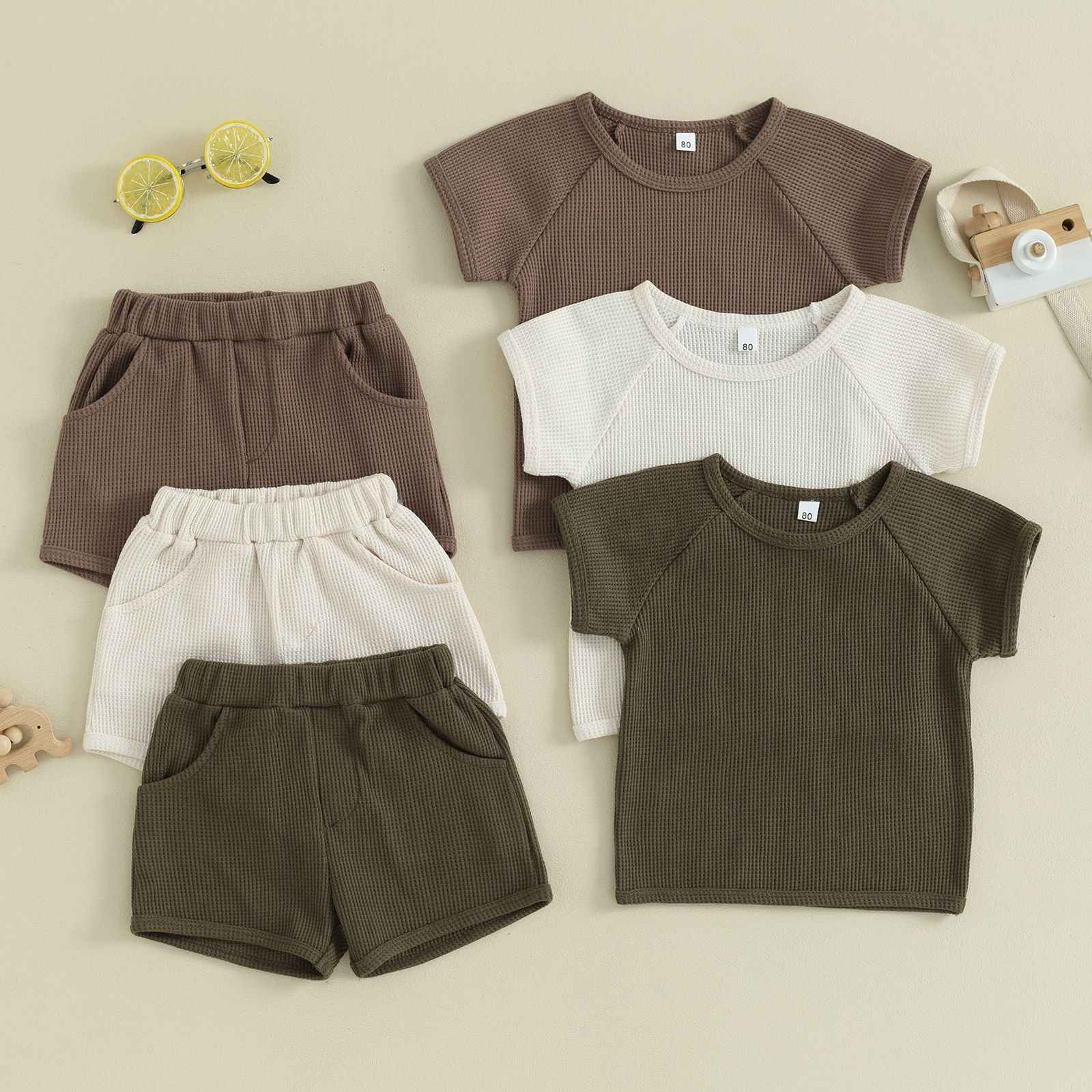 Waffle Knit Baby Outfit Set – 2-Piece Short Sleeve Top & Shorts