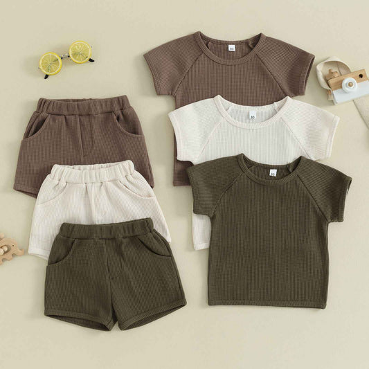 Waffle Knit Baby Outfit Set – 2-Piece Short Sleeve Top & Shorts