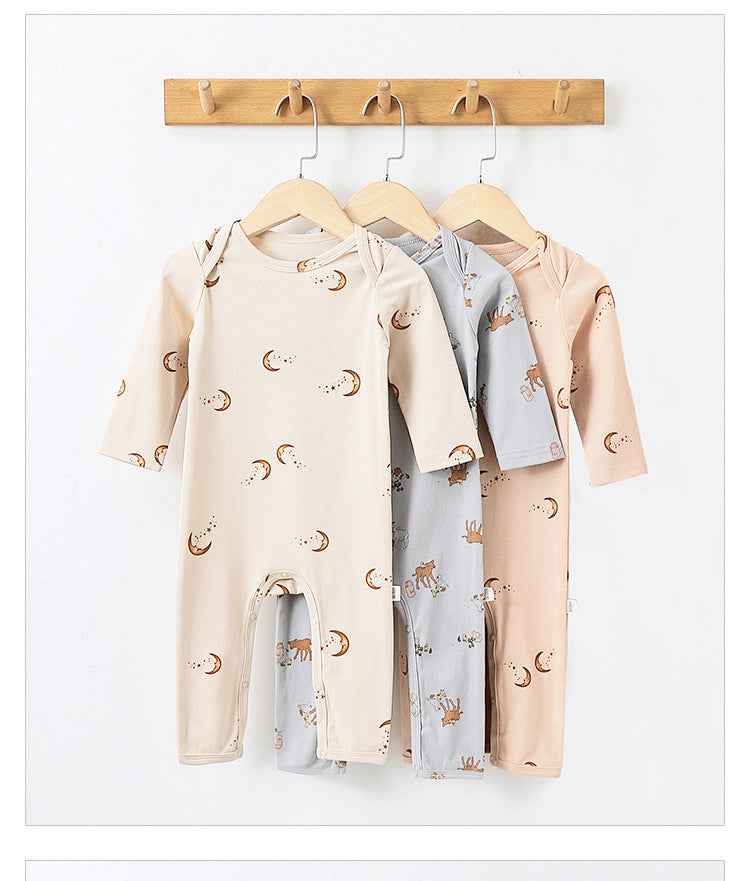 Cotton Long Sleeve Baby Romper – Moon & Dinosaur Print