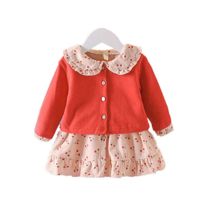 Baby Girl Classic Autumn Clothing Set – Button-Up Cardigan & Cherry Print Dress