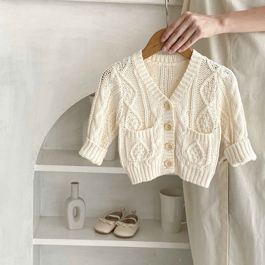 Textured Knit Baby Cardigan – Natural Cream Cotton
