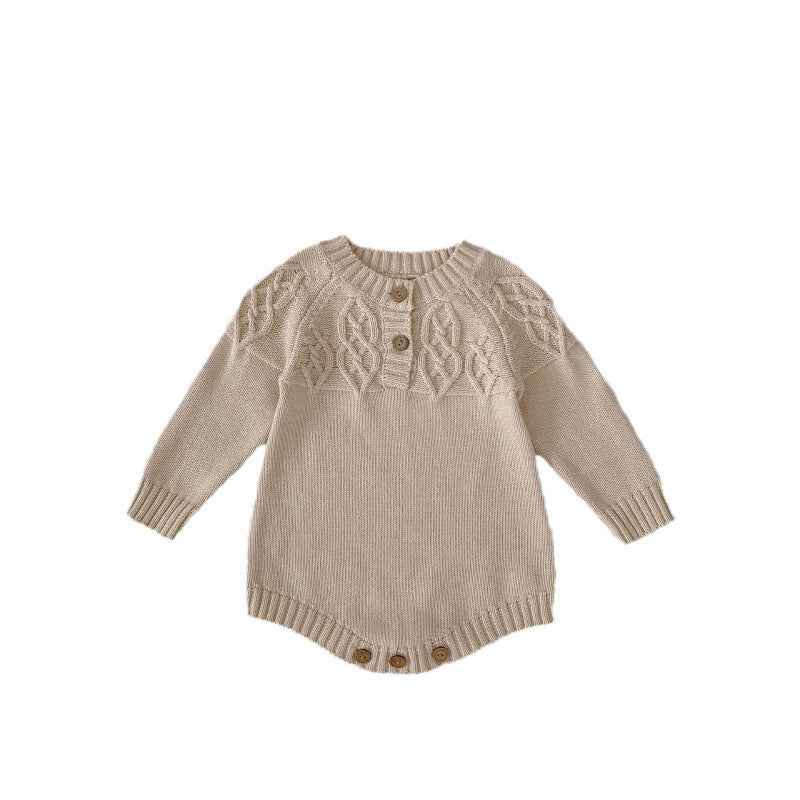 Baby Round Neck Knitted Pullover Romper – Beige