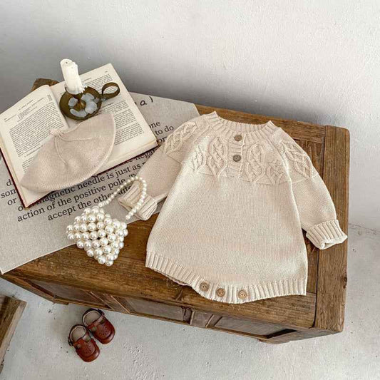 Baby Round Neck Knitted Pullover Romper – Beige