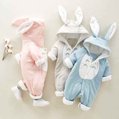 Bunny Ears Padded Baby Romper – Thick Cotton Hooded Jumpsuit