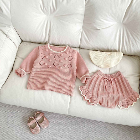Handmade Knit Baby Set – Scalloped Sweater & Shorts