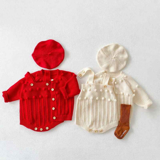 Handmade Cotton Knit Baby Set – Romper, Cardigan & Hat