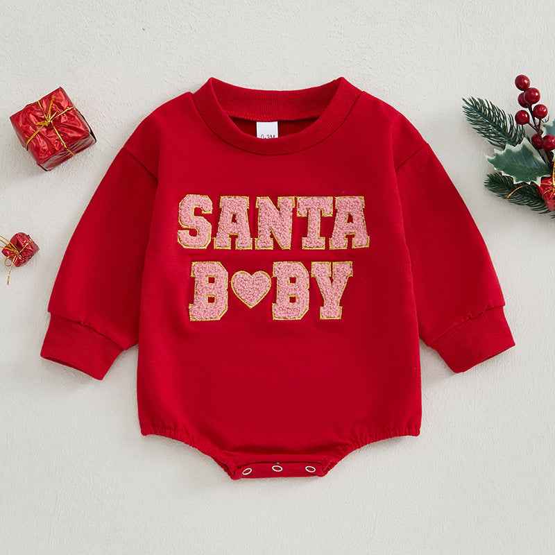 Santa Baby Fleece Baby Bodysuit – Festive Holiday Romper (Beige & Red)