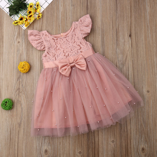 Baby Girl Party Dress - Lace Tulle Flutter Sleeves with Bow