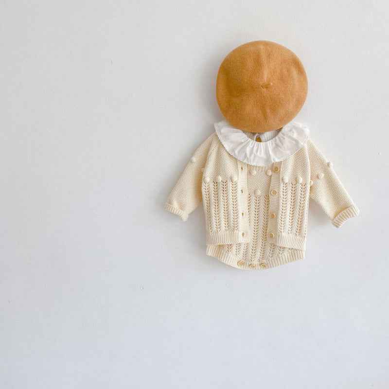 Handmade Cotton Knit Baby Set – Romper, Cardigan & Hat