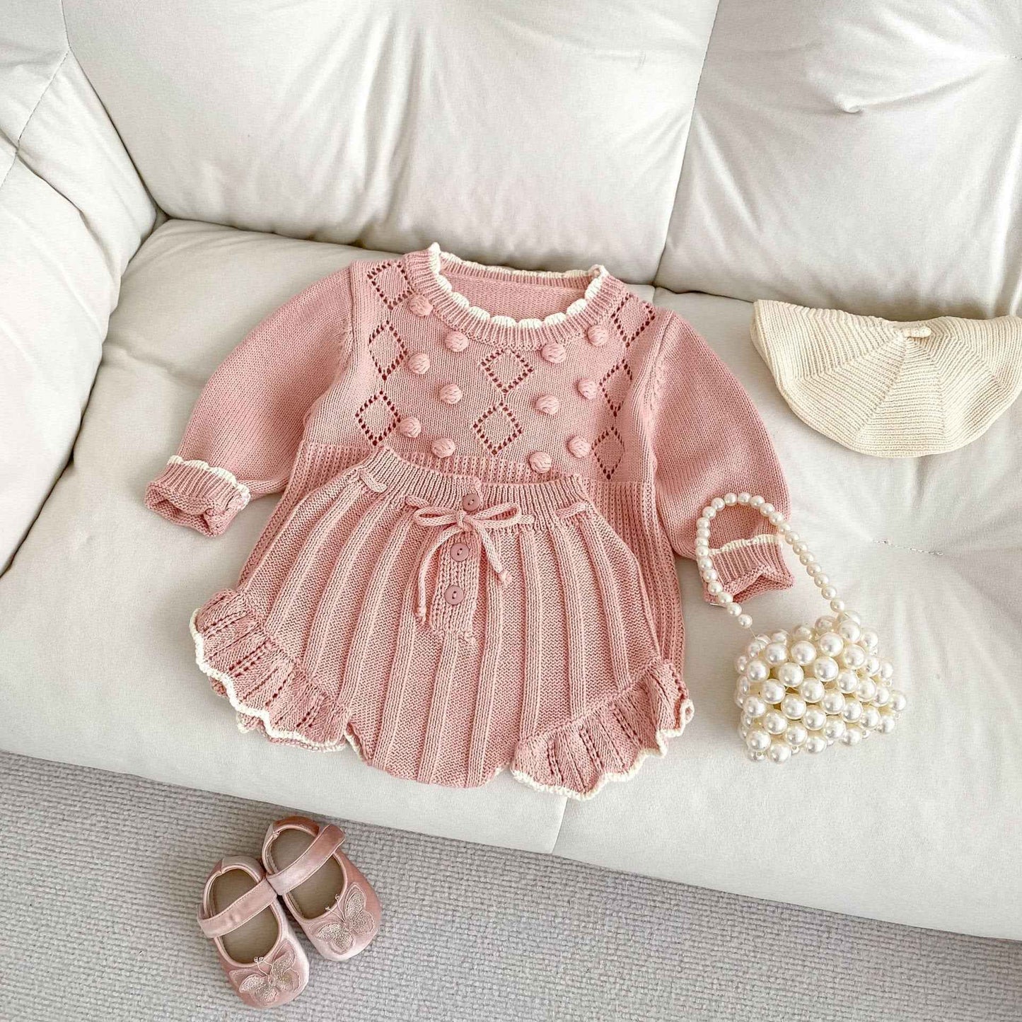 Handmade Knit Baby Set – Scalloped Sweater & Shorts