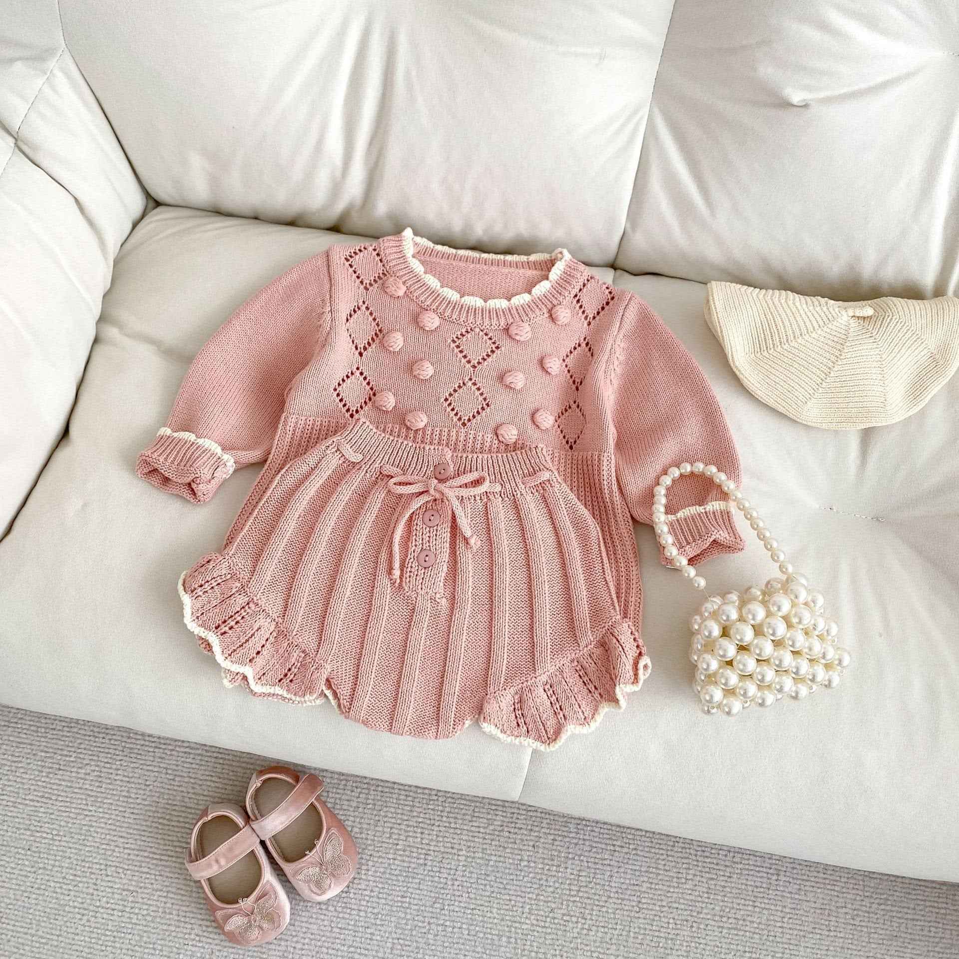 Handmade Knit Baby Set – Scalloped Sweater & Shorts