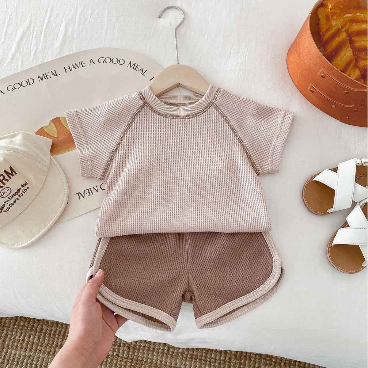 Baby Summer Waffle Knit Set – Short Sleeve Tee & Matching Shorts