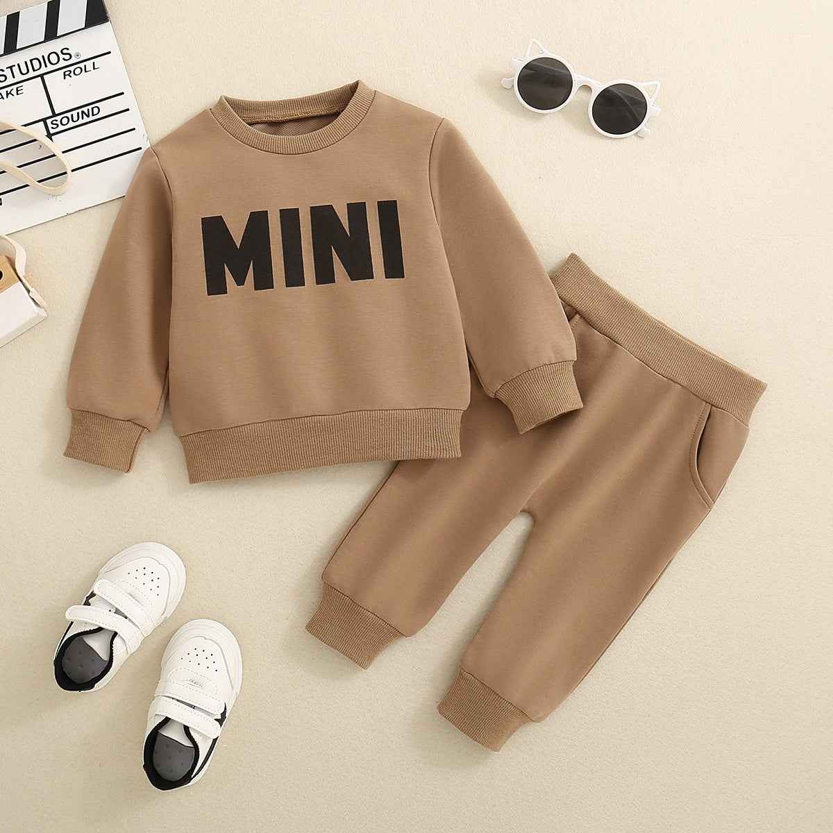 MINI Print Cotton Baby Tracksuit – Beige Two-Piece Set