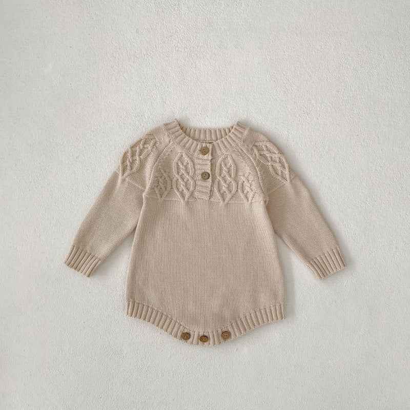 Baby Round Neck Knitted Pullover Romper – Beige