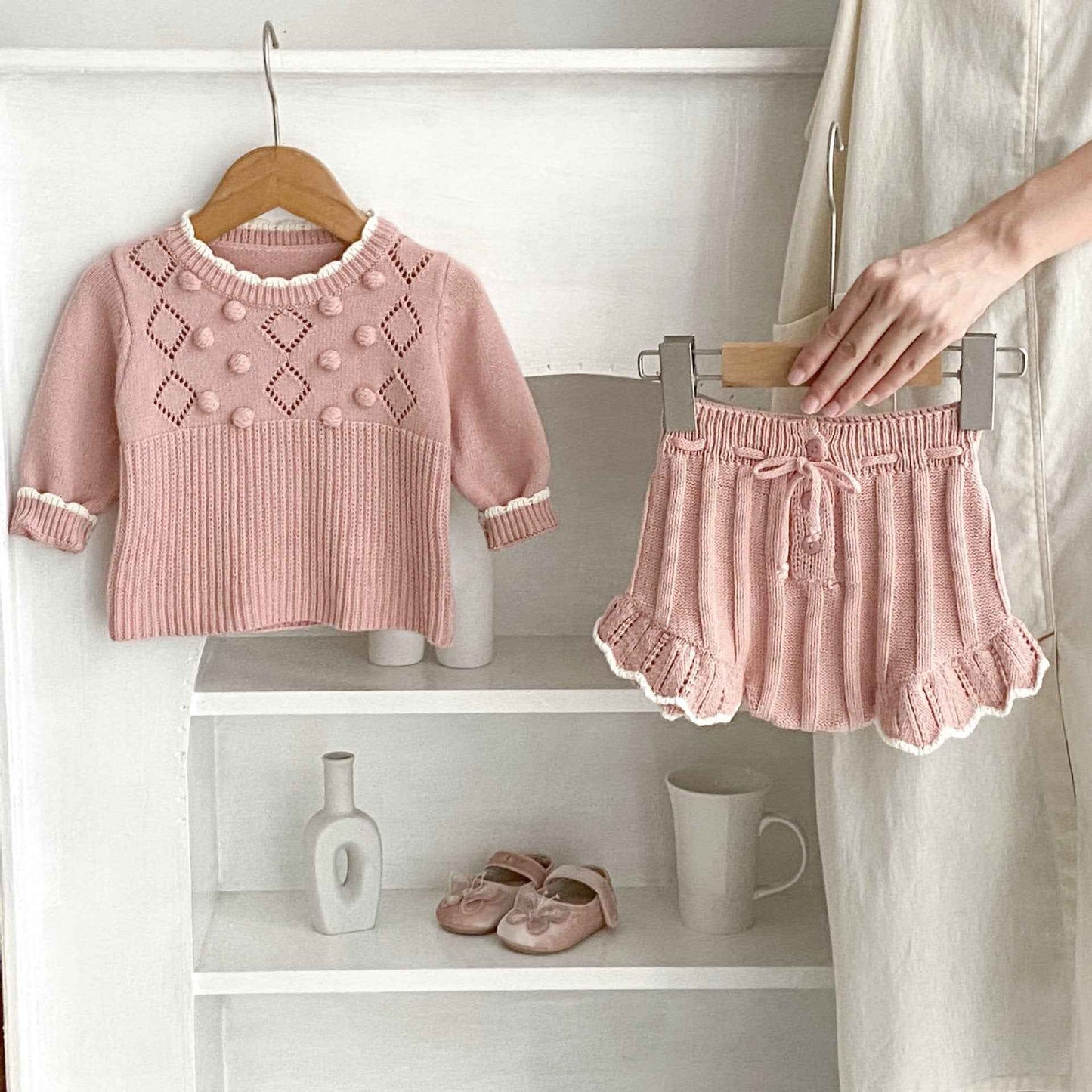 Handmade Knit Baby Set – Scalloped Sweater & Shorts