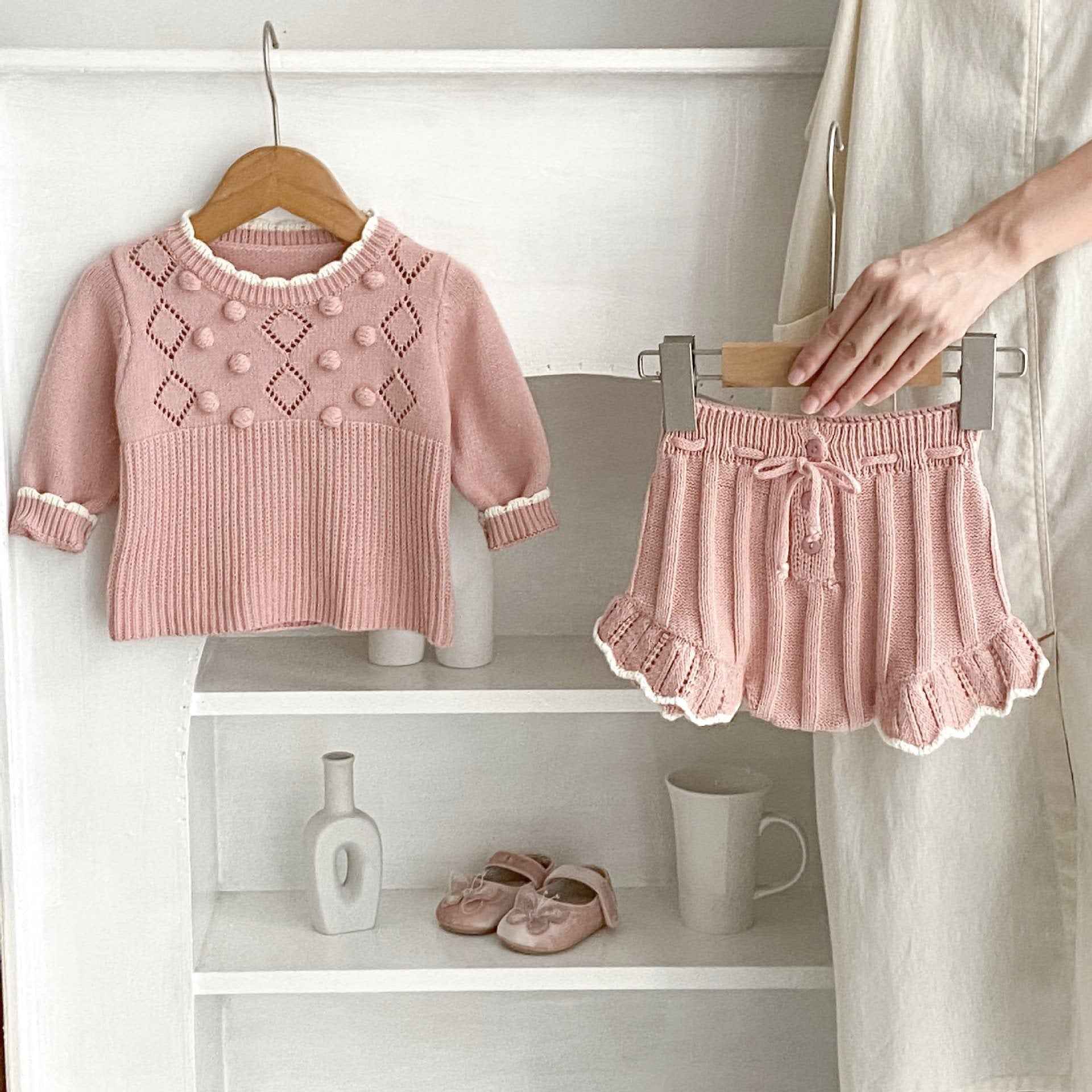 Handmade Knit Baby Set – Scalloped Sweater & Shorts