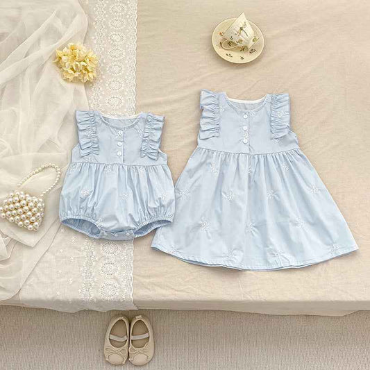 Baby Girl Embroidered Bow Dress & Romper Set