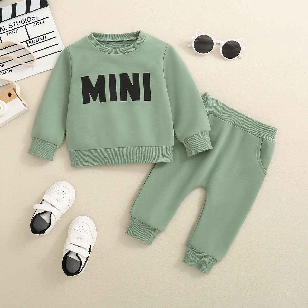 MINI Print Cotton Baby Tracksuit – Beige Two-Piece Set
