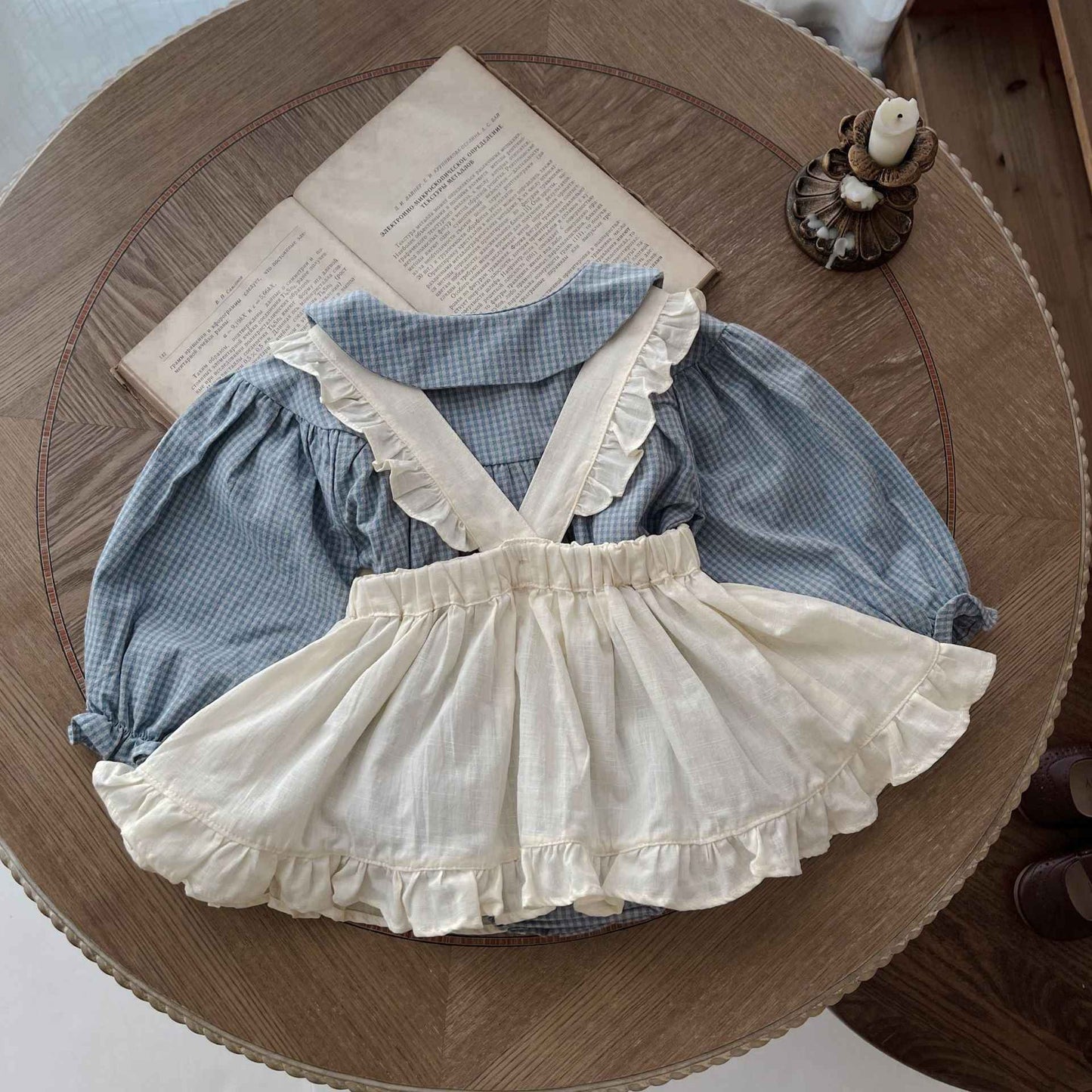 Vintage-Inspired Baby Girl Romper Set – Long Sleeve Gingham with Pinafore Skirt