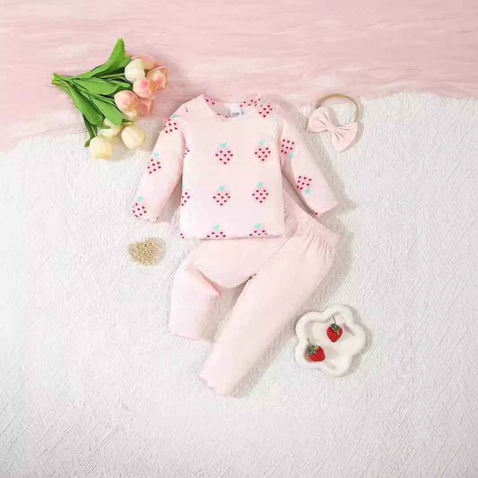 Strawberry Print 3-Piece Baby Set – Top, Pants & Bow Headband (Pink)