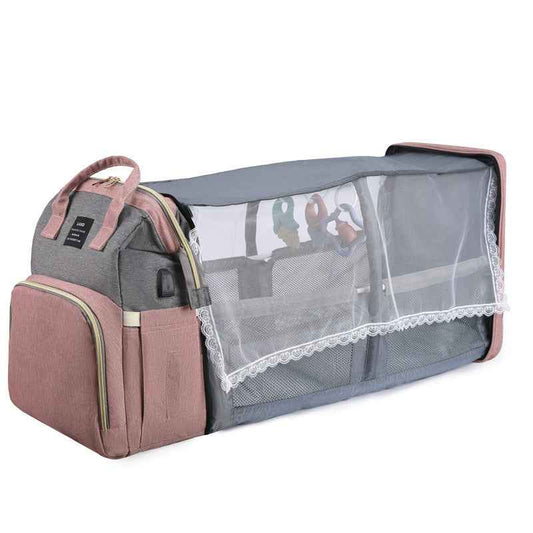 Mummy Baby Crib Backpack – Large Capacity Nappy Bag with USB Port & Cot Feature