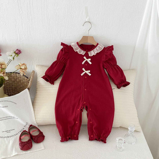 Classic Autumn Baby Jumpsuit – Red Long Sleeve Romper with Ruffle Collar