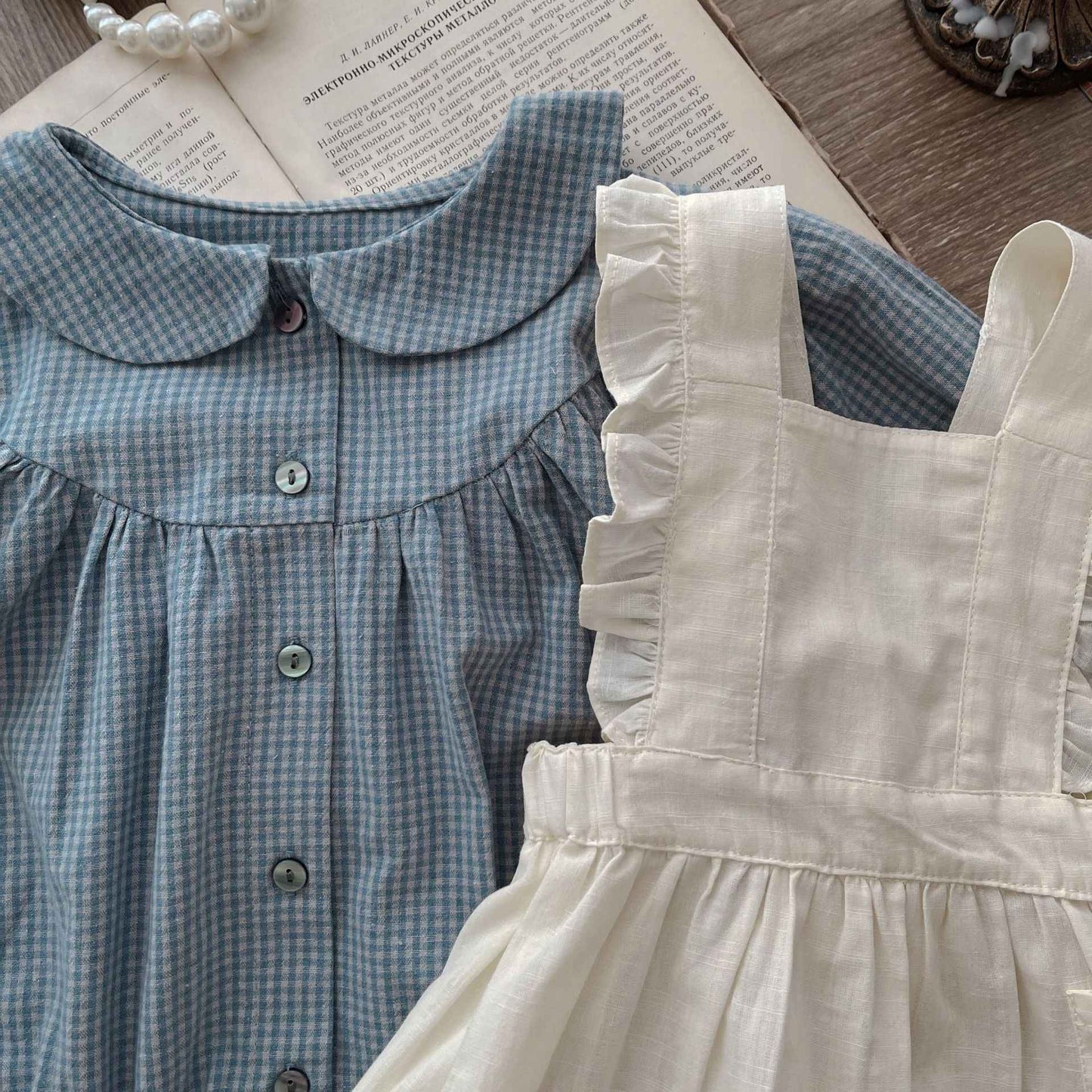 Vintage-Inspired Baby Girl Romper Set – Long Sleeve Gingham with Pinafore Skirt