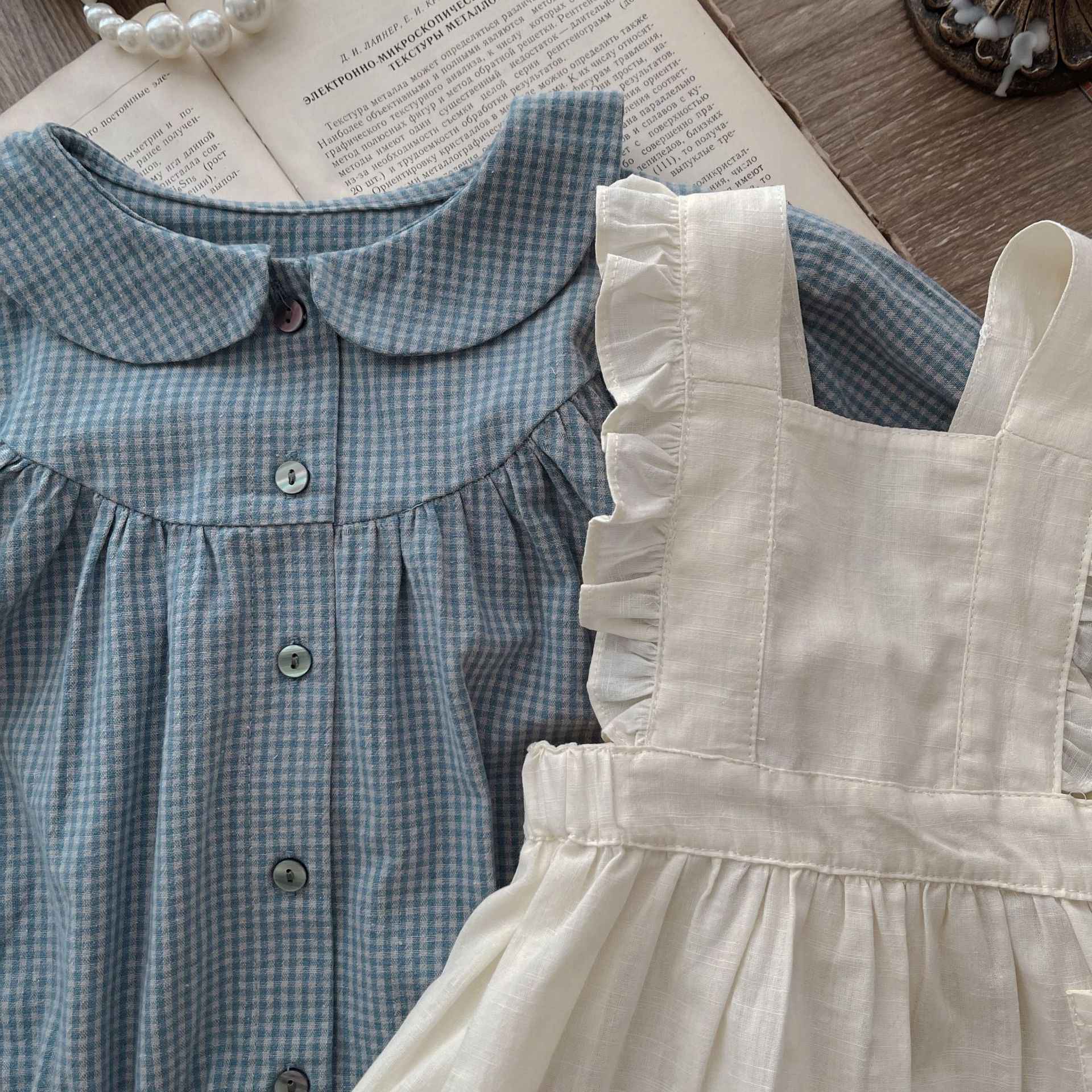 Vintage-Inspired Baby Girl Romper Set – Long Sleeve Gingham with Pinafore Skirt