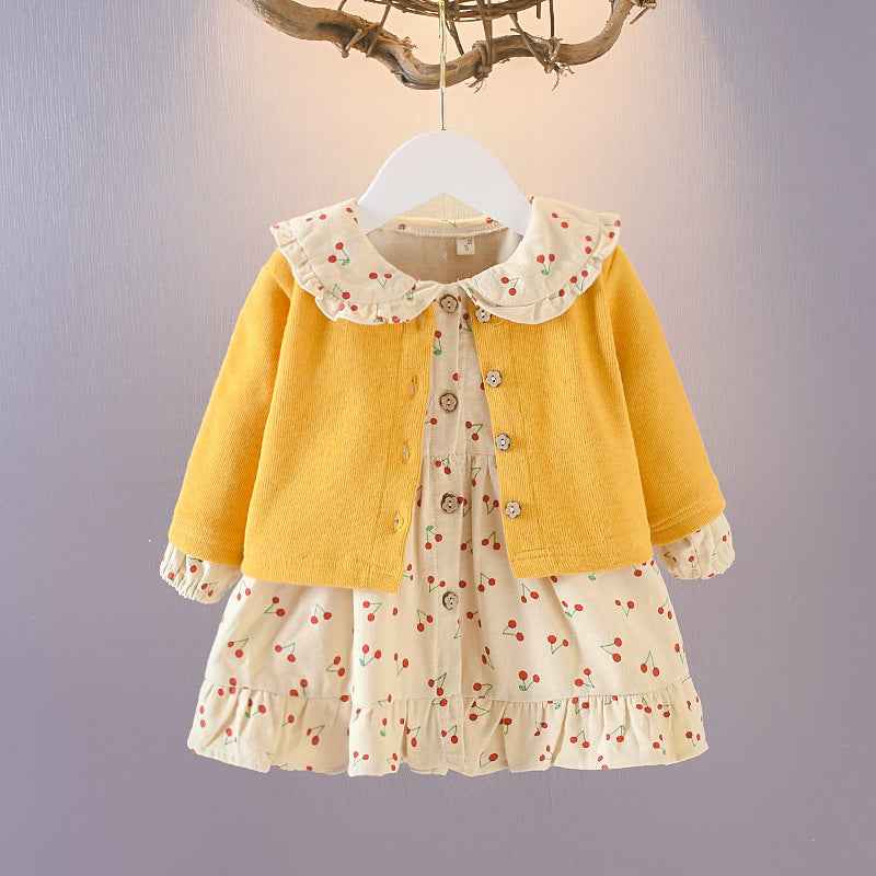 Baby Girl Classic Autumn Clothing Set – Button-Up Cardigan & Cherry Print Dress