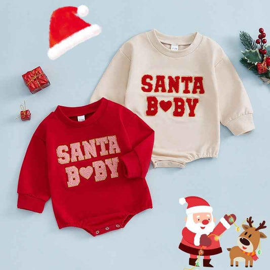 Santa Baby Fleece Baby Bodysuit – Festive Holiday Romper (Beige & Red)
