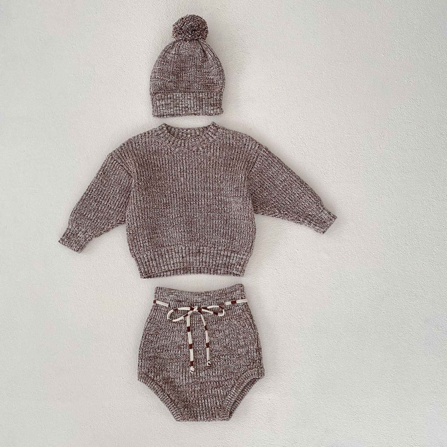 3-Piece Baby Knitwear Set – Pullover Romper, Knit Pants & Pom-Pom Hat