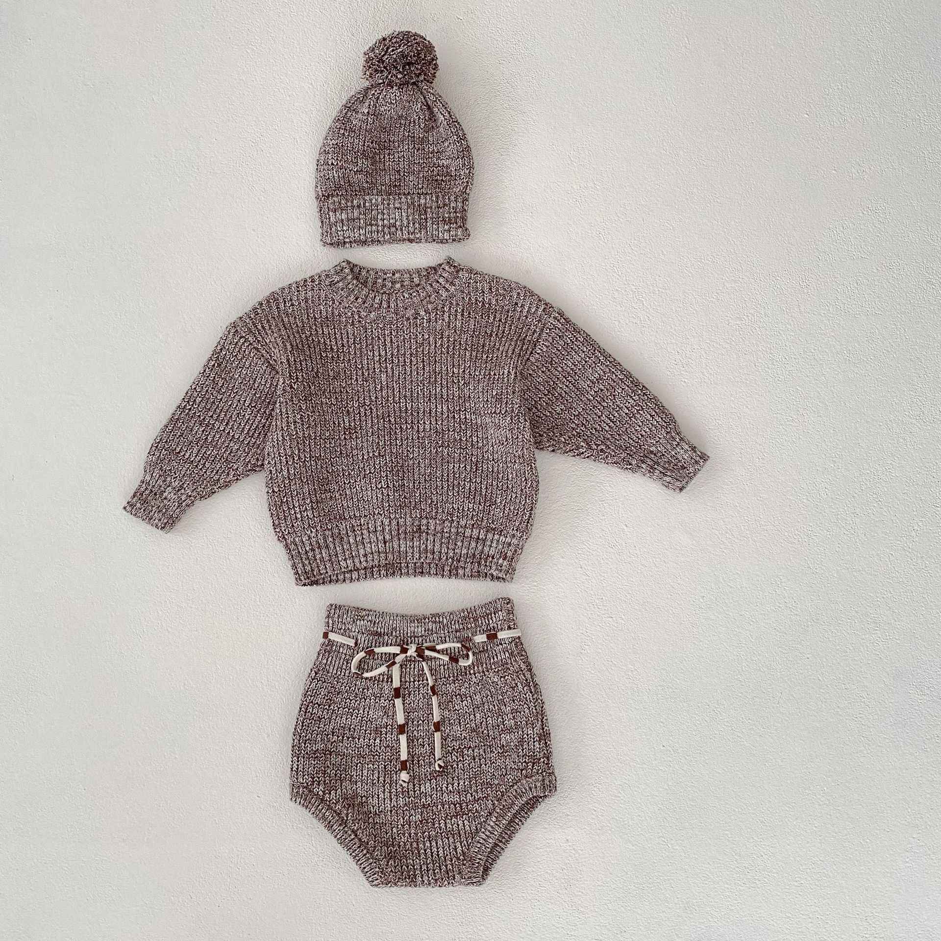3-Piece Baby Knitwear Set – Pullover Romper, Knit Pants & Pom-Pom Hat
