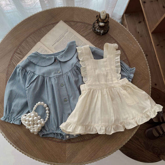 Vintage-Inspired Baby Girl Romper Set – Long Sleeve Gingham with Pinafore Skirt