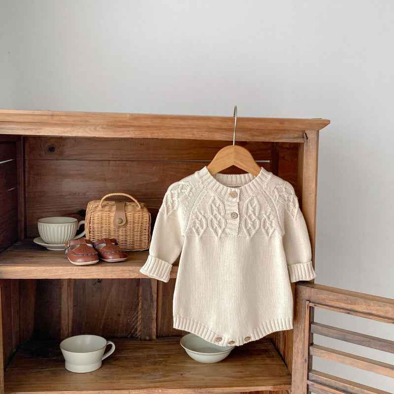 Baby Round Neck Knitted Pullover Romper – Beige