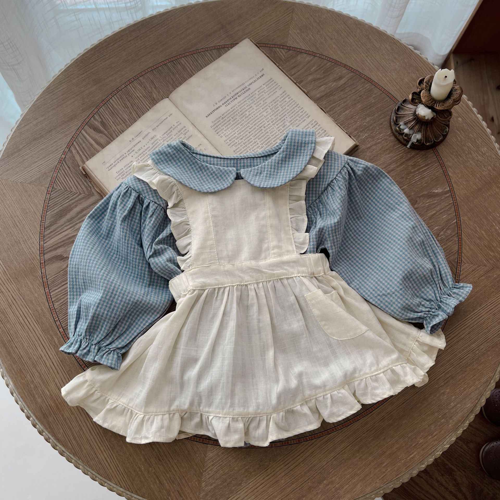 Vintage-Inspired Baby Girl Romper Set – Long Sleeve Gingham with Pinafore Skirt