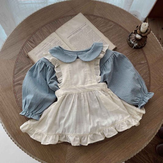 Vintage-Inspired Baby Girl Romper Set – Long Sleeve Gingham with Pinafore Skirt