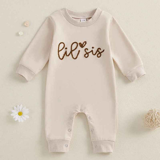 Lil Sis Embroidered Baby Romper – Neutral Cream