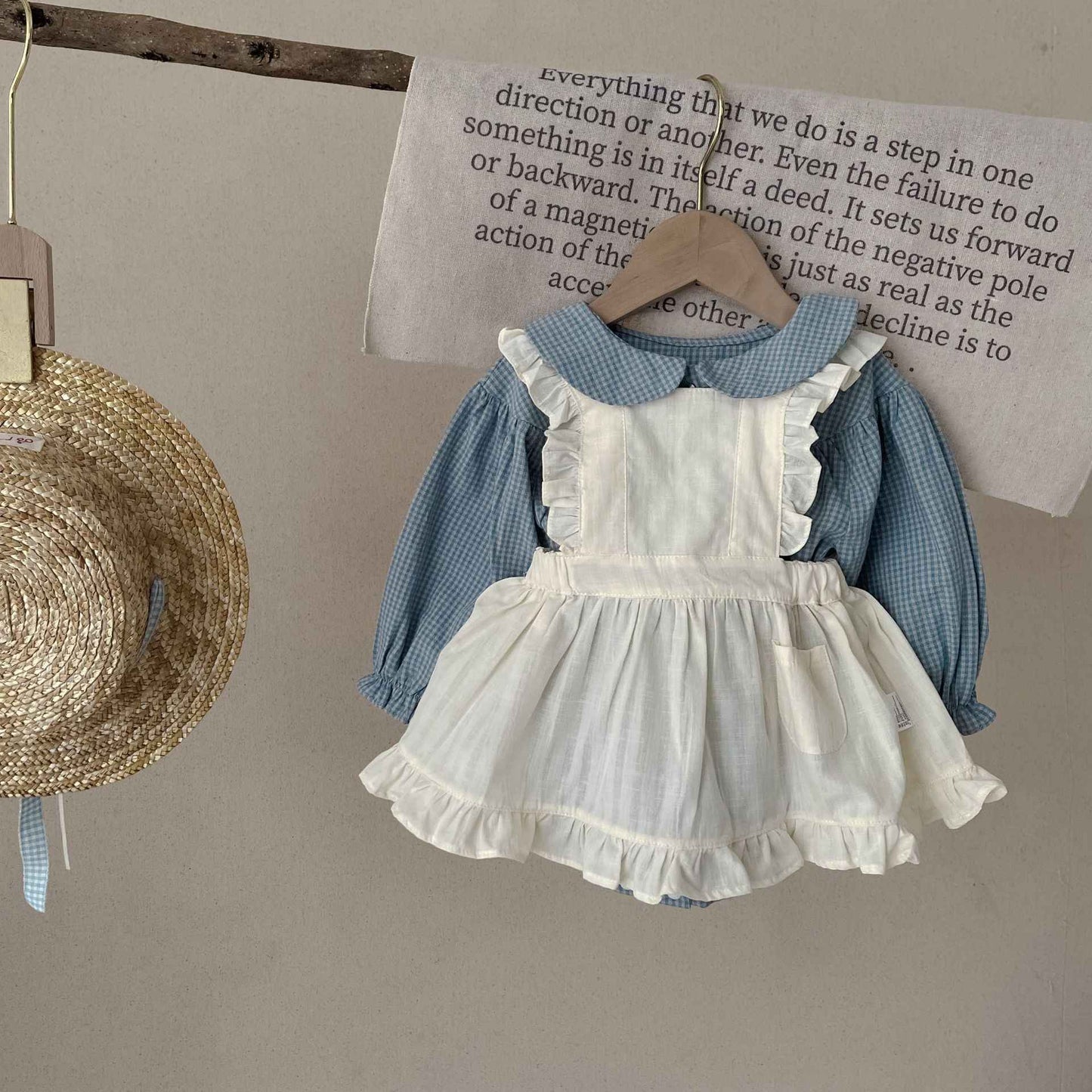 Vintage-Inspired Baby Girl Romper Set – Long Sleeve Gingham with Pinafore Skirt