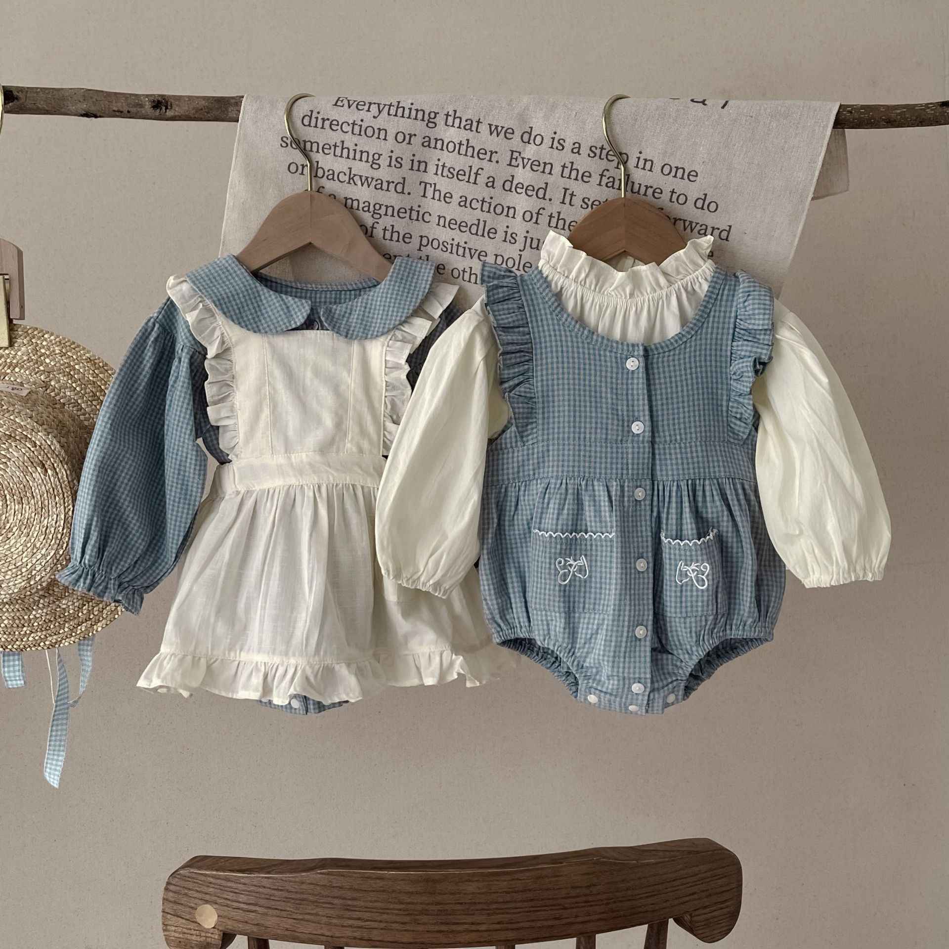Vintage-Inspired Baby Girl Romper Set – Long Sleeve Gingham with Pinafore Skirt