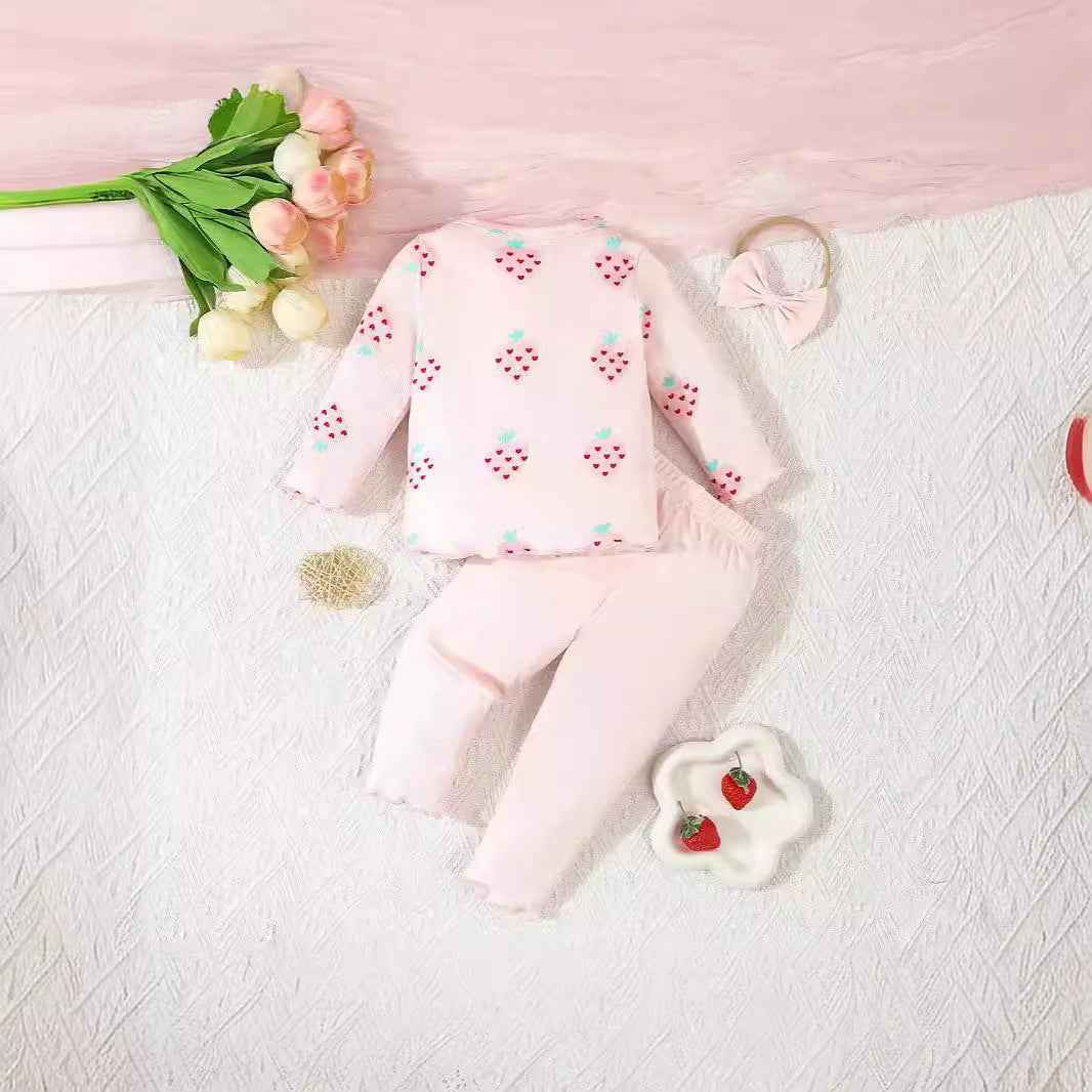 Strawberry Print 3-Piece Baby Set – Top, Pants & Bow Headband (Pink)