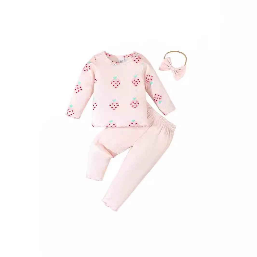 Strawberry Print 3-Piece Baby Set – Top, Pants & Bow Headband (Pink)