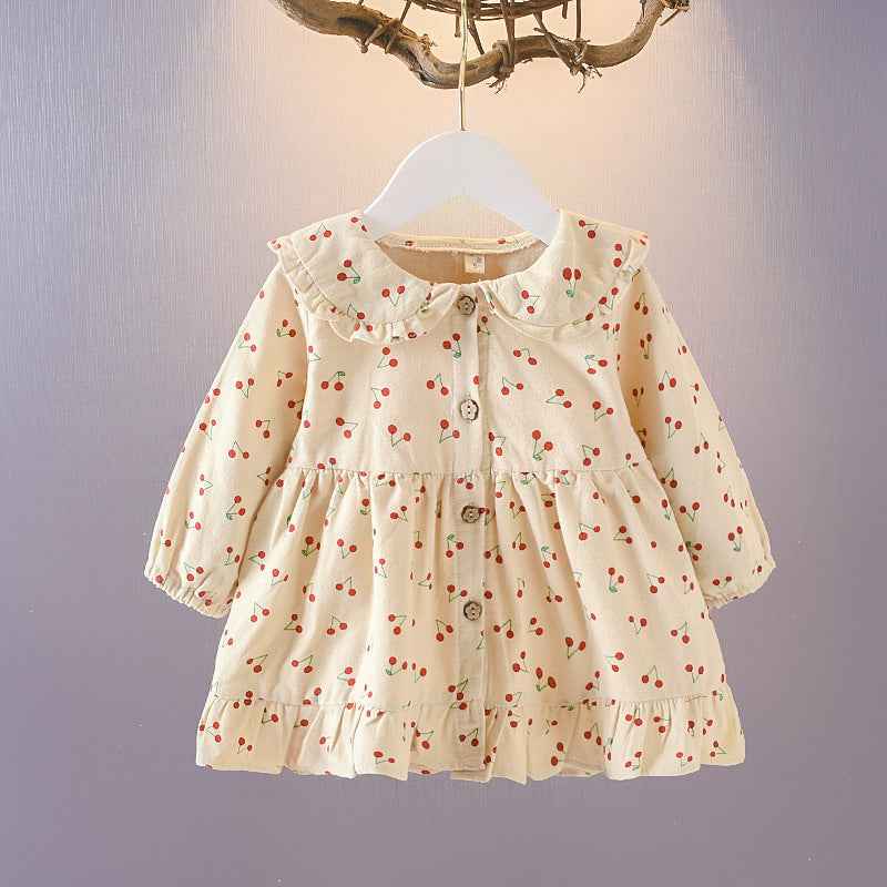 Baby Girl Classic Autumn Clothing Set – Button-Up Cardigan & Cherry Print Dress