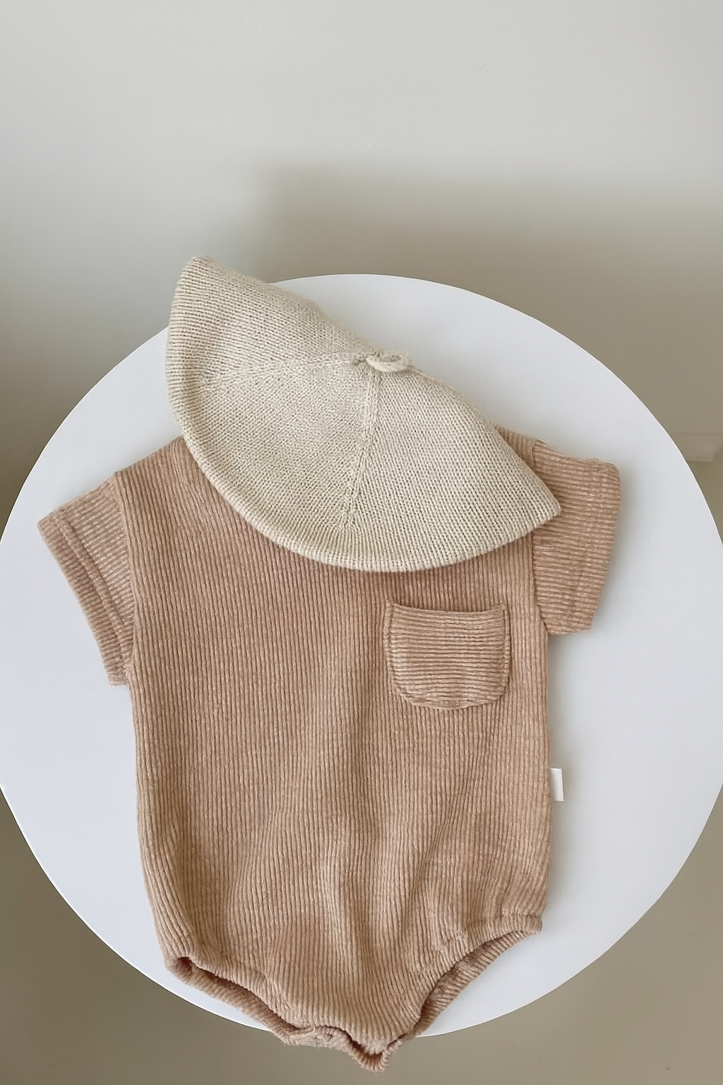Ribbed Cotton Baby Romper - Beige Pocket Design for Stylish Comfort