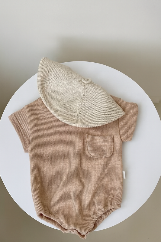 Ribbed Cotton Baby Romper - Beige Pocket Design for Stylish Comfort