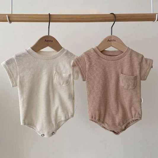 Ribbed Cotton Baby Romper - Beige Pocket Design for Stylish Comfort